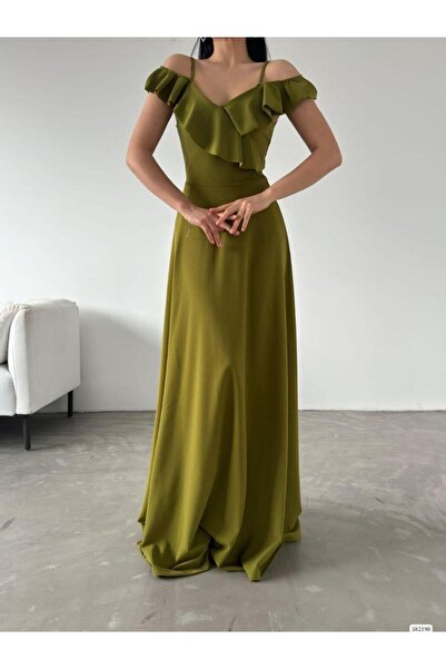 Modafeminen Straps Shoulder Ruffle Slit Evening Dress 582190 Pistachio Green