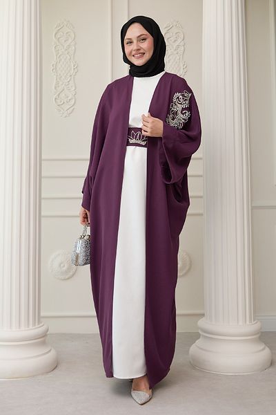InStyle Purple Bat Sleeve Dress Abaya with Stones on the Collar