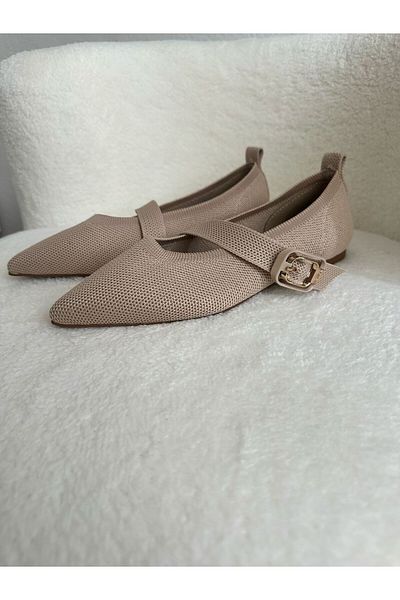 ZİESCE Women's Beige Side Buckle Detail Tricot Ballet Flats