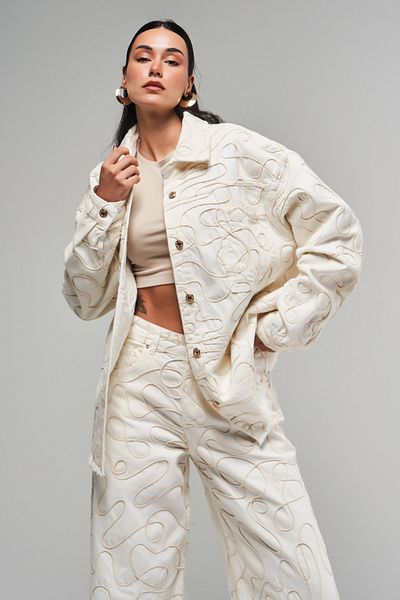its basic Women's Ecru Color 7S5-101 Special Fabric Oversize 100% Cotton Design Denim Jacket