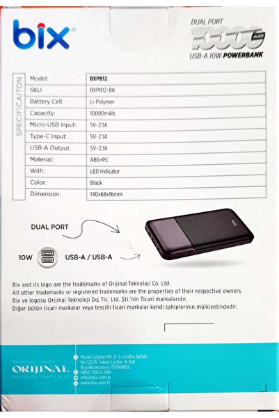 Bix BXPB12 10000mAh Çift USB Çıkışlı ve LED Bildirimli Portatif Powerbank Beyaz