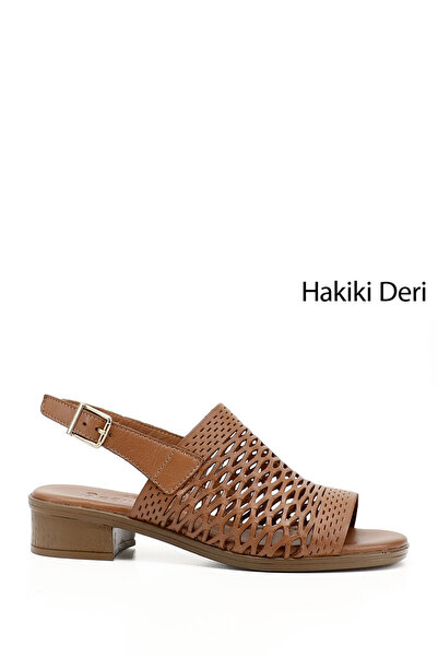 GÖNDERİ(R) Kadın / Kız Taba Antik Kısa Kalın Topuklu Hakiki Deri Sandalet