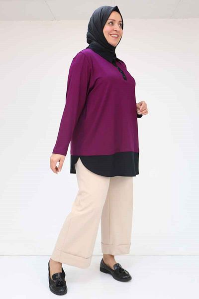 Eslina 58059 Large Size Half Placket Buttoned Combed Cotton Tunic - Plum-Black