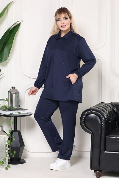 sinemisxxl Navy Blue Stone Detailed Large Size Bottom Top Set