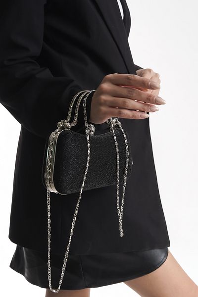 Famels Women's Imported Fabric Glitter Black Silver Case Evening Dress Bag Zircon Stone Evening Dress Stylish Bag