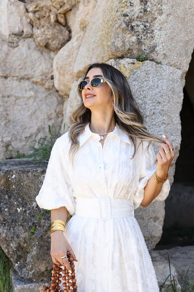 bytugcekaya Ecru Belted Balloon Sleeve Scallop Dress