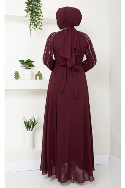 InStyle Burgundy Chiffon Evening Dress with Stones and Sequins on the Sleeves