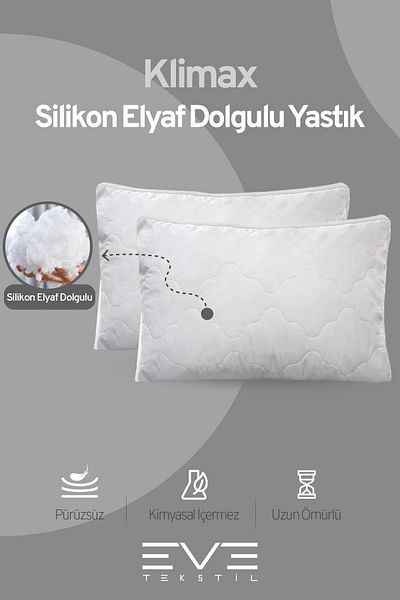 Eve Tekstil 2 Pieces Klimax White Series Zippered Air Conditioned Antiallergic Silicone Nano Fiber Pillow with Case 50X70Cm