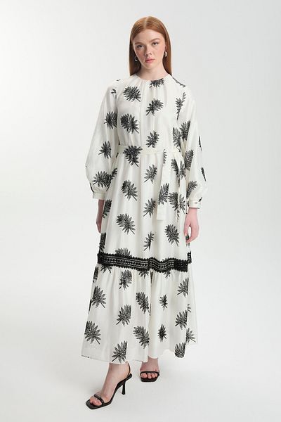Zühre Patterned Lace Detailed Ecru Dress