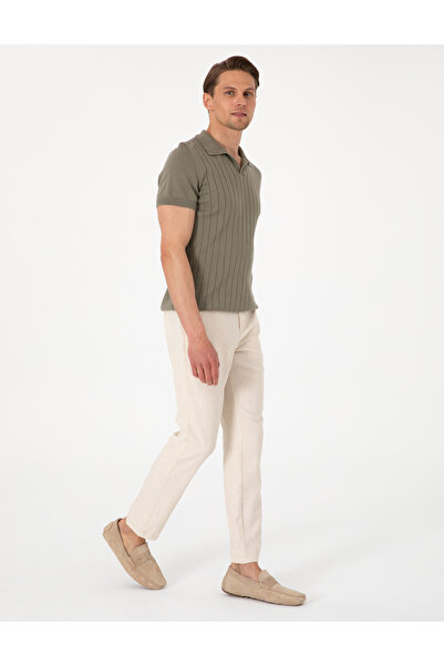 Pierre Cardin Bej Slim Fit Keten Karışımlı Çizgili Kanvas Pantolon 50301754-VR011