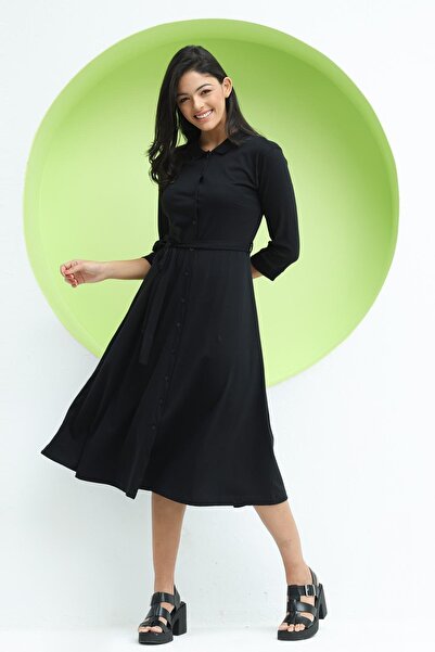 Polo State Γυναικείο μακρύ φόρεμα με γιακά πόλο με κουμπιά μέσης μαύρο