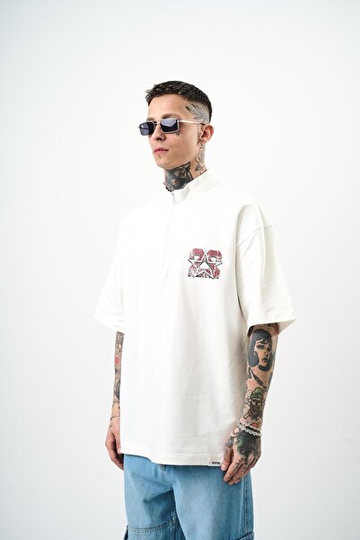 Respire Чоловіча футболка Oversize Екрю 22 з принтом і напівзастібкою