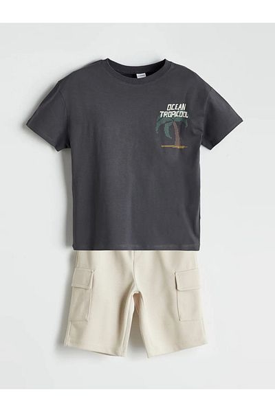 LC Waikiki Lcw Kids Anthracite Printed Boys T-Shirt and Pocket Shorts Pack of 2