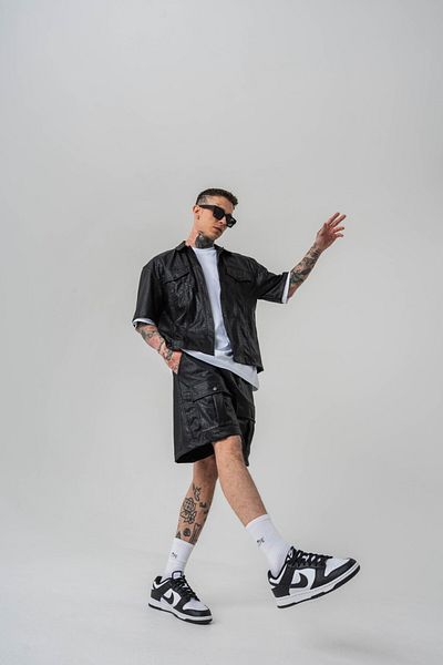 go gang own Crocodile Pocket Detailed Leather Shirt and Shorts Two-Piece Set