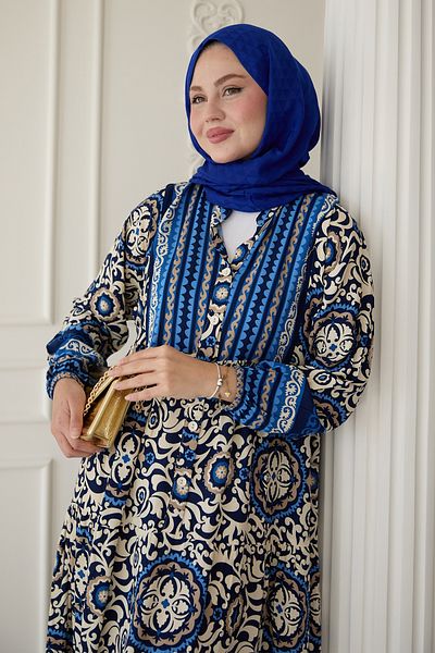 InStyle Φόρεμα Ebruli Ethnic Pattern Saks Blue Viscose