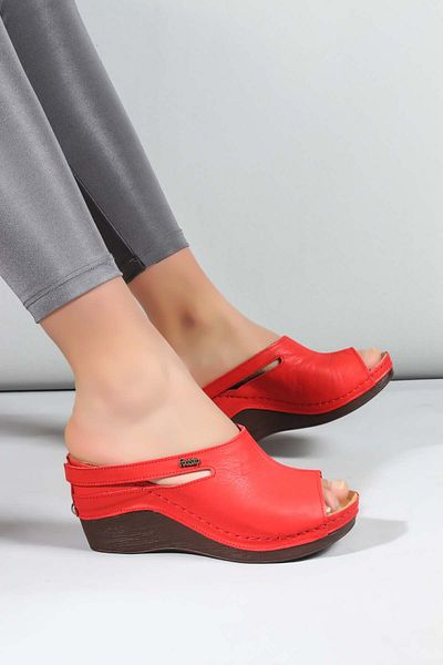 FAST STEP Genuine Leather Women's Wedge Heel Slippers 972Za1001
