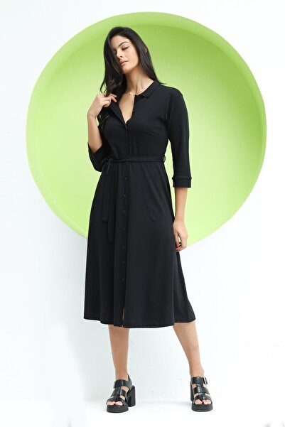 Polo State Γυναικείο μακρύ φόρεμα με γιακά πόλο με κουμπιά μέσης μαύρο