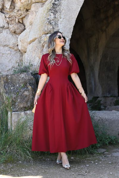 bytugcekaya Burgundy Balloon Sleeve Skirt Gathered Dress