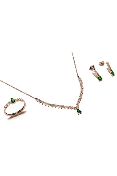 Hakan Güler Kuyumculuk 14 Ayar Altın Yeşil Taşlı Damla Model Su Yolu Düğün-Nişan Seti