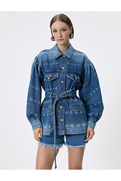 Koton Laser Printed Comfortable Long Denim Jacket - With Belt and Pocket