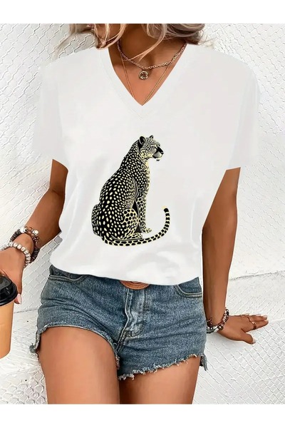 WOODROFFE Kadın V yaka Beyaz Siyah T-Shirt Baskılı Oversize Salaş