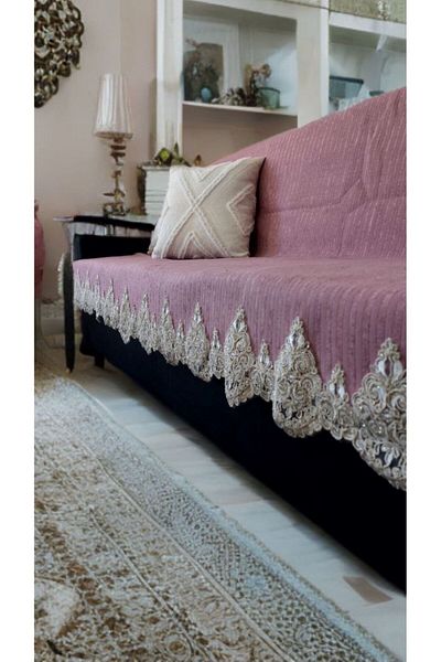 baladı home ev tekstil home collection غطاء مقعد أريكة سرير من الدانتيل باللون الأرجواني الفاتح، وضع فاخر، قاعدة مخملية مضادة للانزلاق مع خطوط إسفنجية