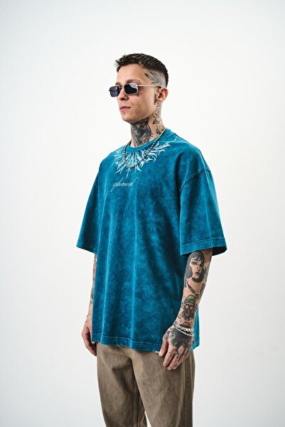 Respire Erkek Ephemeral Baskılı Yıkamalı Oversize T-Shirt Petrol