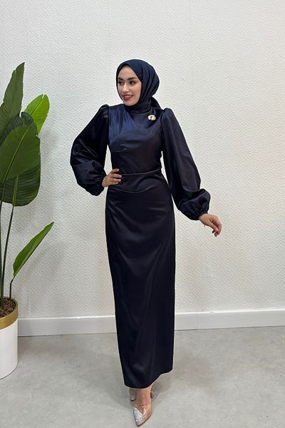 Tarzım Tuba Balloon Sleeve Satin Graduation Evening Dress with Metal Detail on the Collar