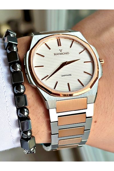 Raymond Silver Color Slim Case Classic Case Band Steel Men Wristwatch + Bracelet