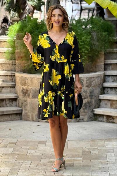 Nevin Kaya Moda Rochie vintage cu ciucuri cu trandafiri galbeni negri