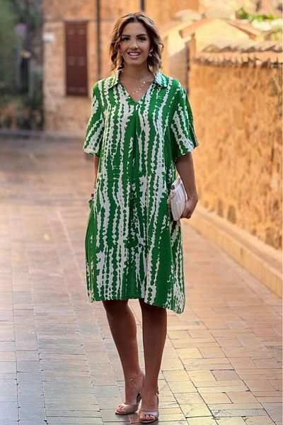 Nevin Kaya Moda Πουκάμισο με μοτίβο Green Lightning Πέτο 100% βαμβακερό φόρεμα βισκόζης