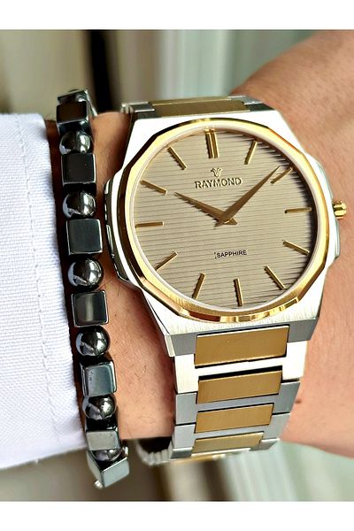 Raymond Silver Color Slim Case Classic Case Band Steel Men Wristwatch + Bracelet