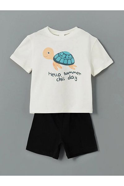 LC Waikiki Lcw eco white turtle Printed boys' t-shirt and shorts set of 2