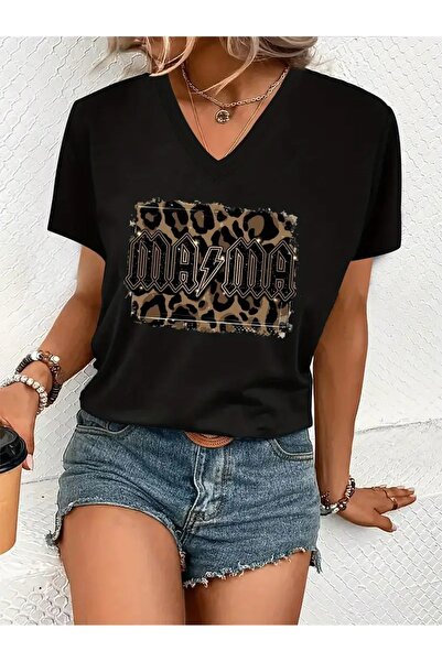 WOODROFFE Дамска черно-бяла тениска V-yahti с леопардово принтиране, голям ра...
