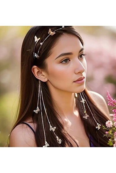 NISHPOINT UZUN KELEBEKLİ ALTIN RENGİ HELEN GELİN TACI