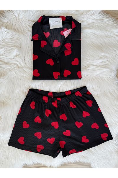 Pijamacs Set de pijamale cu pantaloni scurți Pegasus cu model de inimă roșie pe negru