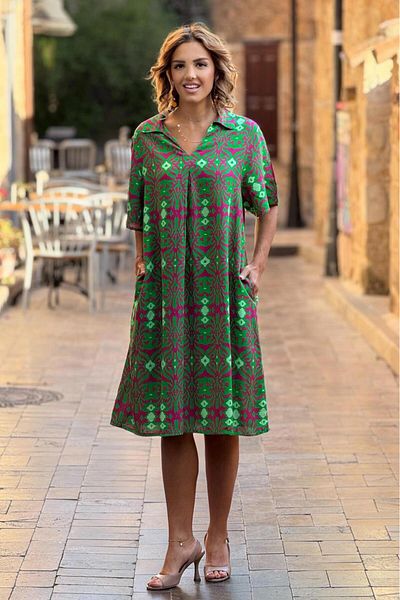 Nevin Kaya Moda Rochie din viscoză din bumbac 100% cu guler de cămașă cu model fulgi de nea verde Fuiya