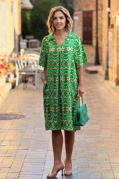Nevin Kaya Moda Κρεμ Πράσινο Πουκάμισο με μοτίβο νιφάδας χιονιού γιακάς 100% βαμβακερό φόρεμα βισκόζης