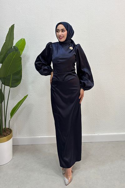 Tarzım Tuba Balloon Sleeve Satin Graduation Evening Dress with Metal Detail on the Collar