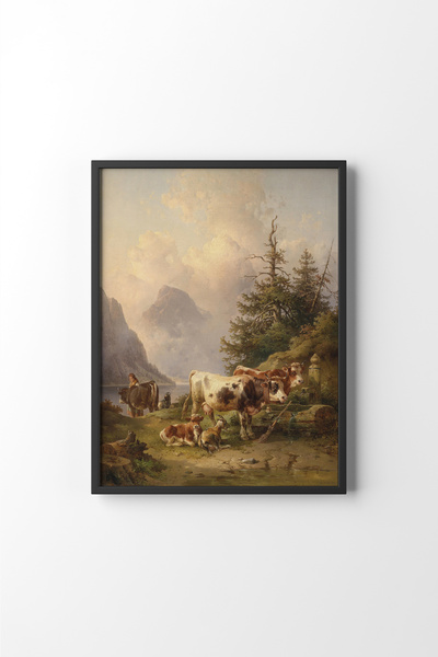 epiqart Herds of Animals with Shepherd Girl by the Lake - Black Frame