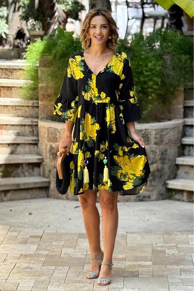 Nevin Kaya Moda Rochie vintage cu ciucuri cu trandafiri galbeni negri