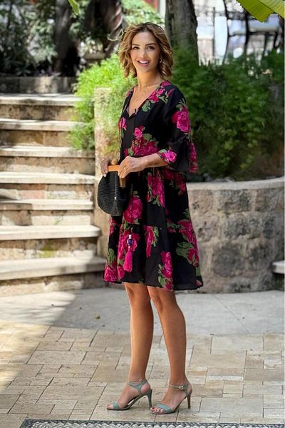 Nevin Kaya Moda Rochie vintage cu ciucuri cu trandafiri negri violet