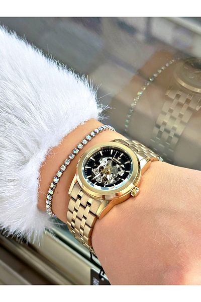 Raymond Silver Color Steel Case Cord Skeleton Business Automatic Women Wristwatch + Bracelet