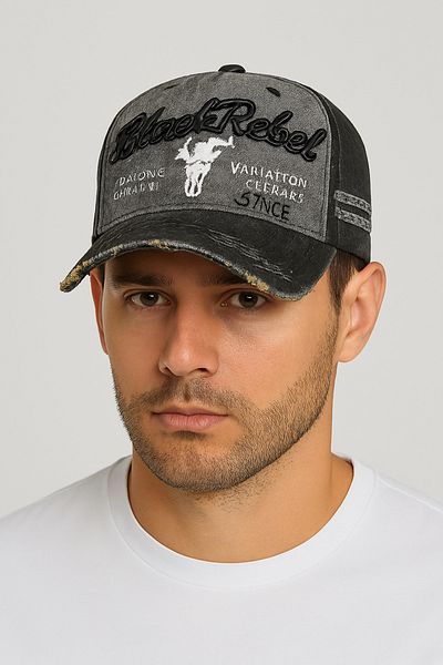 CosmoOutlet Black Rebel Embroidered Washable Vintage Model Adjustable Men's Black Color Hat from the Back