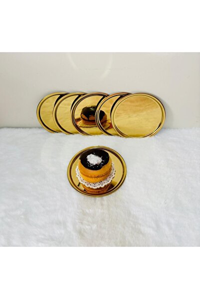 BİMOTE 6'lı Gold Paslanmaz Çelik 16. cm Yuvarlak Çay, Kahve, Pasta Servis Tepsisi Dekoratif Sunum Tepsisi