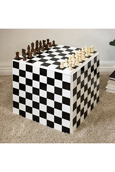 Q'collection Satranç / Dama Desenli Modern Küp Sehpa 45x45 cm - Siyah Beyaz