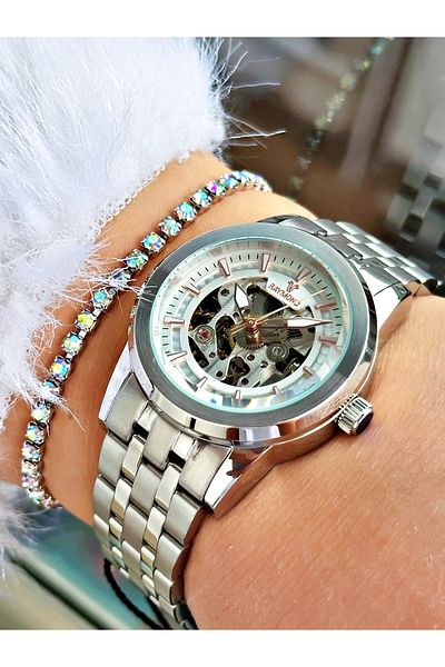 Raymond Silver Color Steel Case Cord Skeleton Business Automatic Women Wristwatch + Bracelet