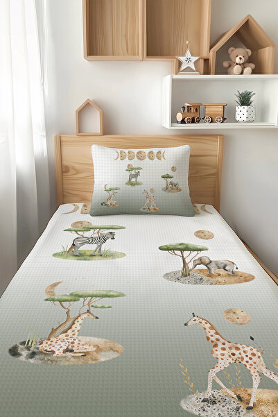 Talia Home Safari Hayvanlar Zebra Zürafa Fil Desenli Tek Kişilik Çocuk Pike T...