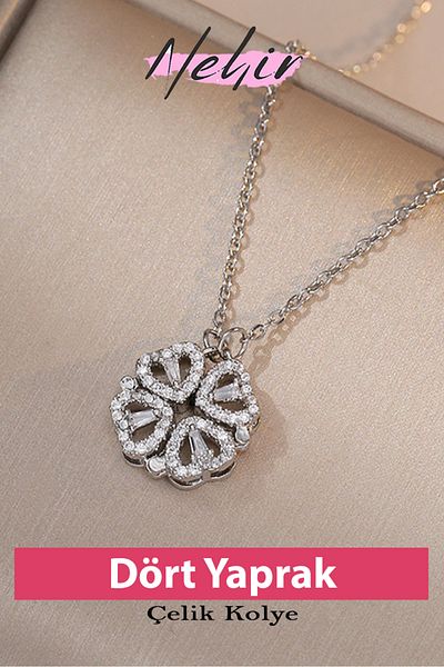 Nehir Four Leaf Clover Heart Steel Love Necklace, Heart Pendant with Chain
