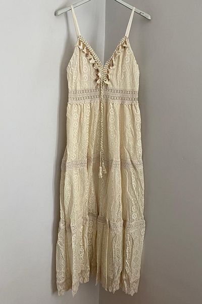 AYASOFYA OTANTIK Women's Italian Beige Adjustable Rope Strap Tassel Detailed Lined Midi Lace Dress